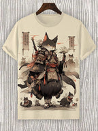 Samurai Cat graphic T-shirt by FitiqueFit featuring Japanese style 3D print, men's streetwear tee with bold design.