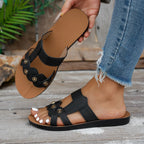 Plush Fashion Hub women's flat summer sandals with open toes, fashion buckles, slip-on design, perfect for casual beach wear.