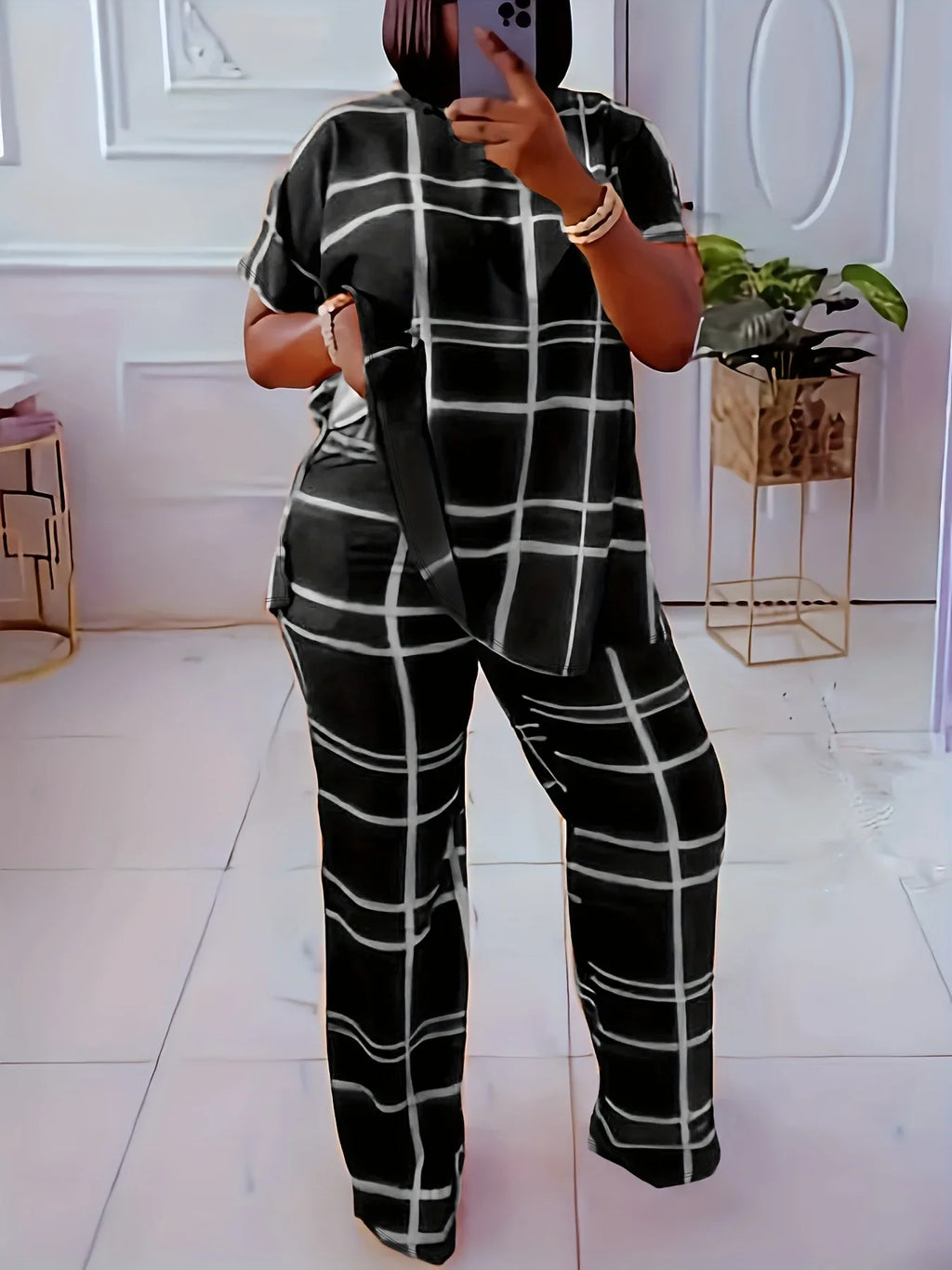 Plus size women’s casual two-piece set with striped grid print and round neck, from Plush Fashion Hub.