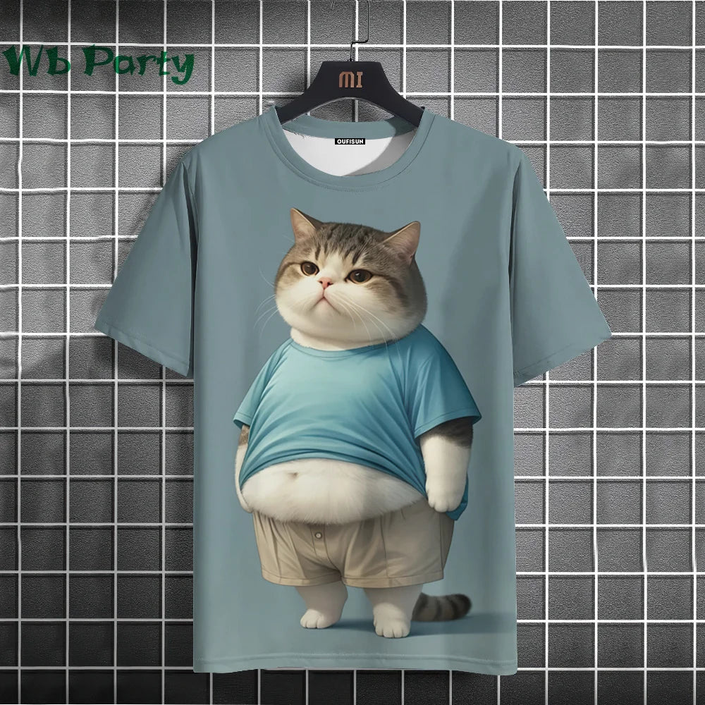 Yellow streetwear cat print graphic T-shirt from Plush Fashion Hub, Y2K style, with colorful feline design on the front.