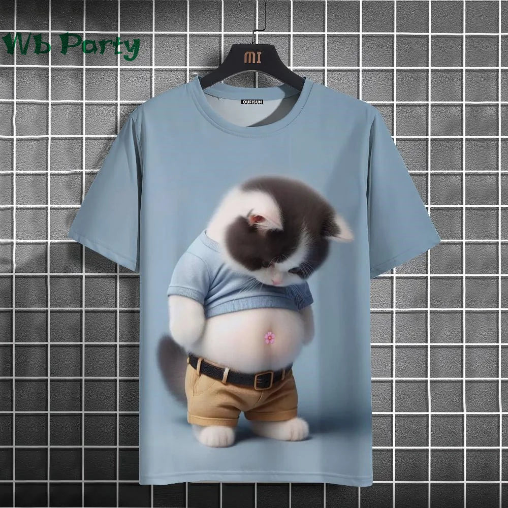 Y2K cat print graphic T-shirt from Plush Fashion Hub, streetwear style with colorful cat illustrations on soft fabric.