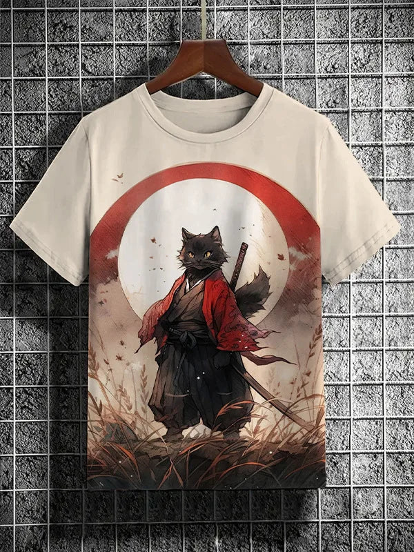 Samurai Cat graphic T-shirt by FitiqueFit featuring Japanese-style 3D print, men's streetwear tee with bold feline design.