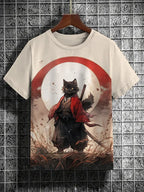 Samurai Cat graphic T-shirt by FitiqueFit featuring Japanese-style 3D print, men's streetwear tee with bold feline design.