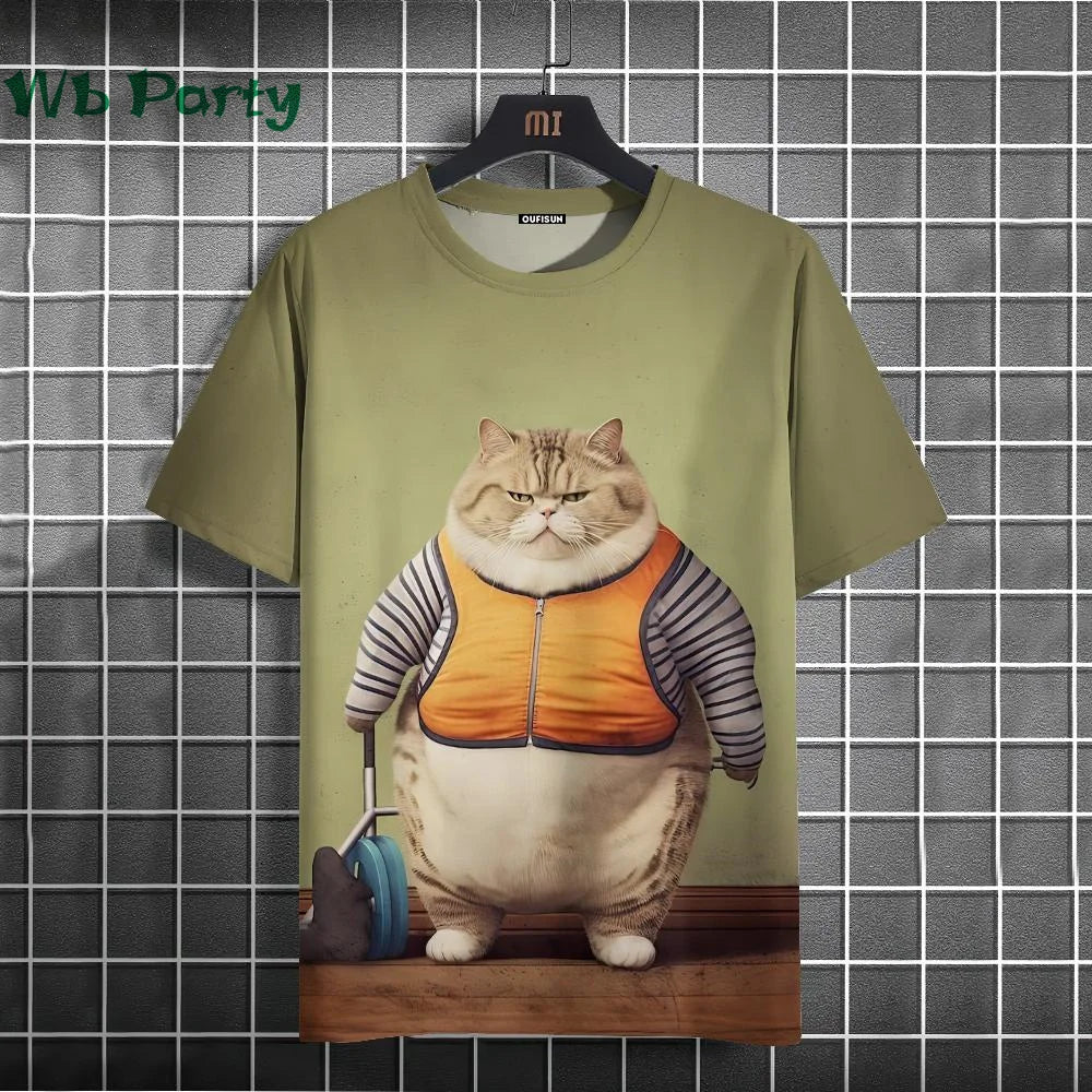 Cat print Y2K graphic T-shirt by Plush Fashion Hub, streetwear style featuring bold, colorful cat designs on a casual shirt.
