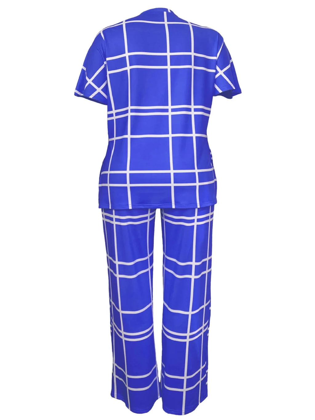 Plus size women’s Elements striped grid printed two-piece casual outfit with round neck, by Plush Fashion Hub, shown on a model.