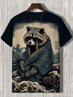 Samurai Cat graphic T-shirt by FitiqueFit featuring Japanese style 3D print, men's streetwear tee with bold cat design.
