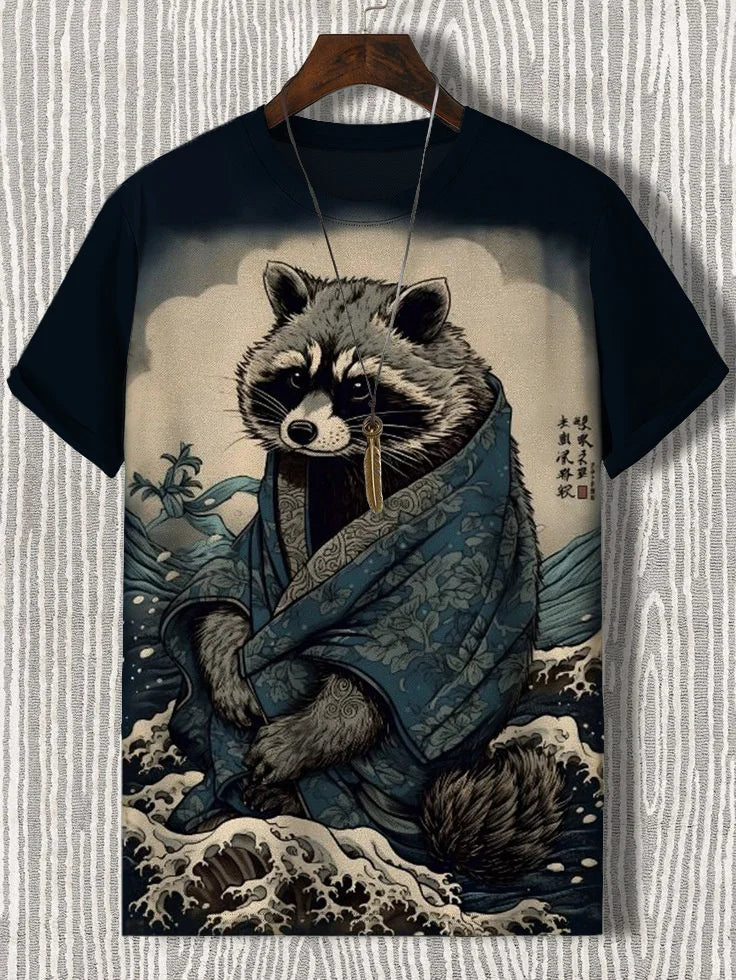 Samurai Cat graphic T-shirt by FitiqueFit featuring Japanese style 3D print, men's streetwear tee with bold cat design.