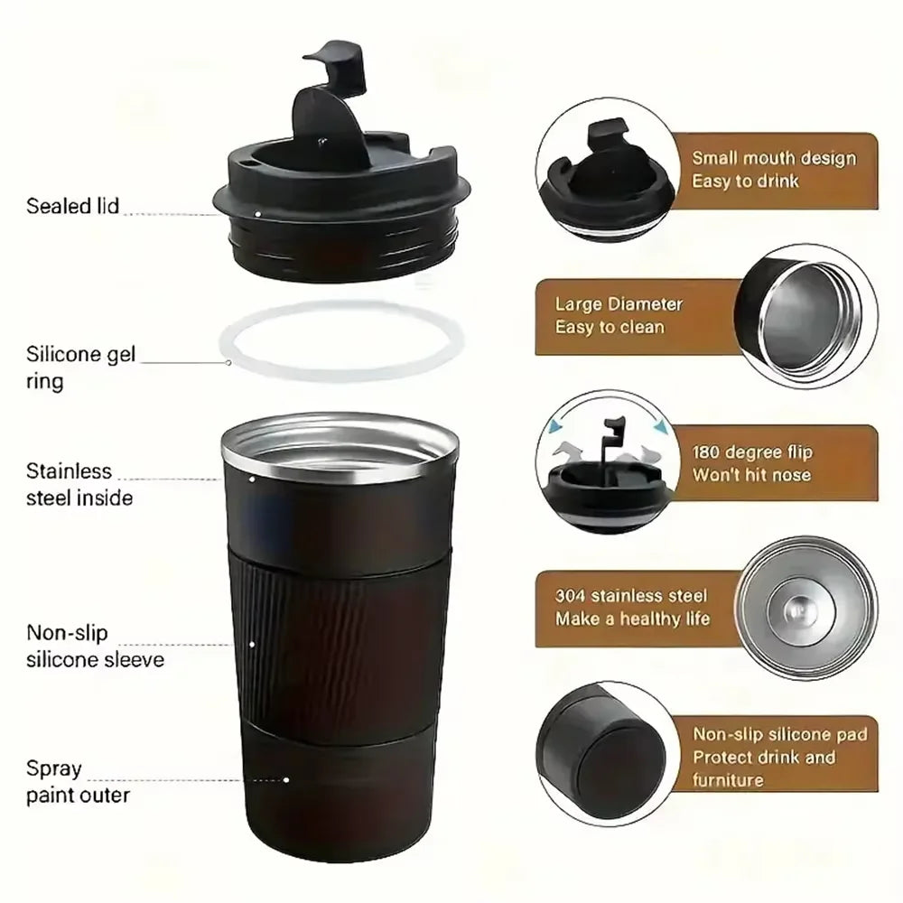 Stainless steel insulated travel mug with double-layer design, leak-proof lid, and portable vacuum bottle for sports and outdoor use.