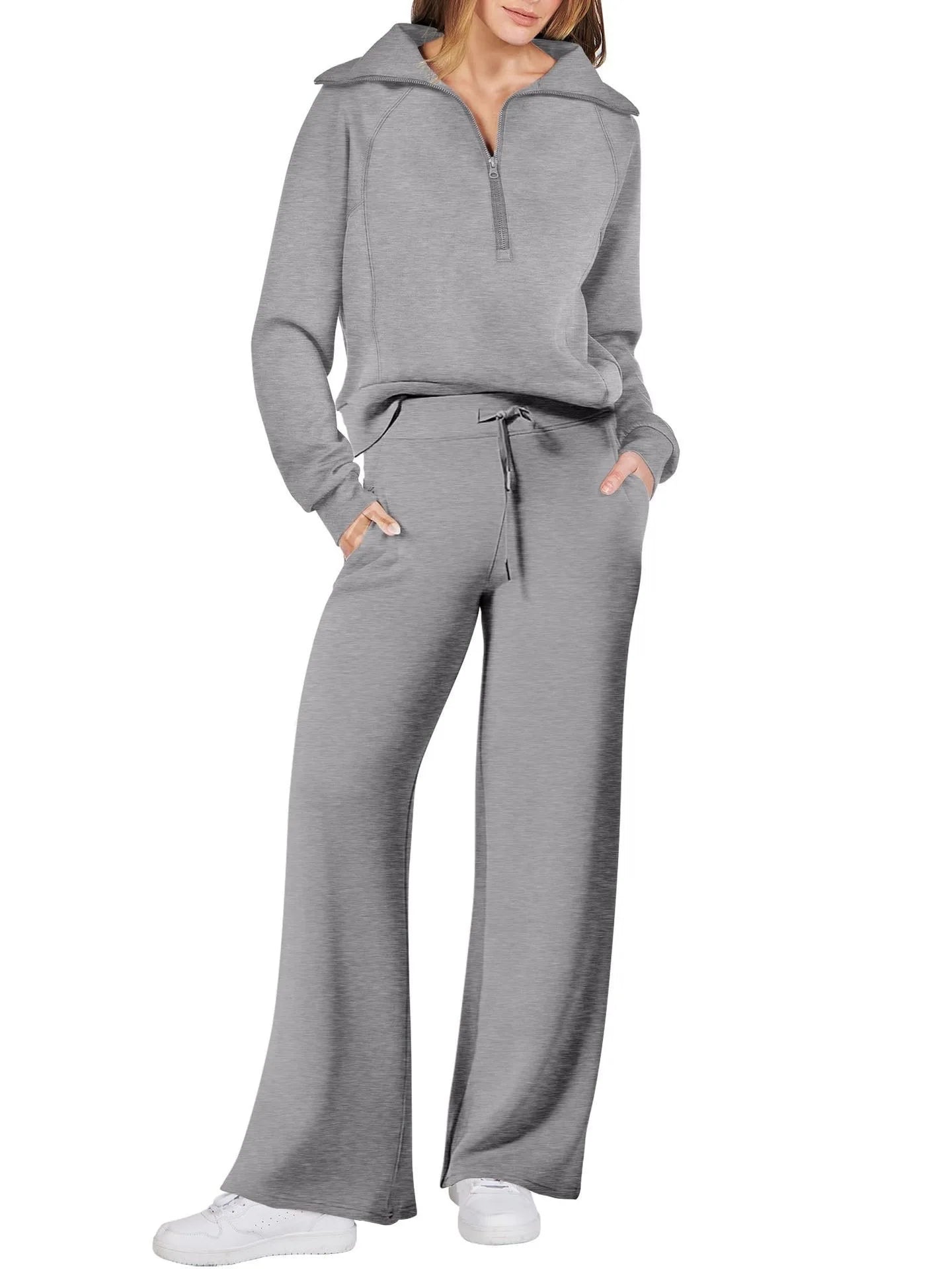 Women two-piece sweatshirt and wide-leg pants set by Plush Fashion Hub, casual comfortable loungewear ensemble.