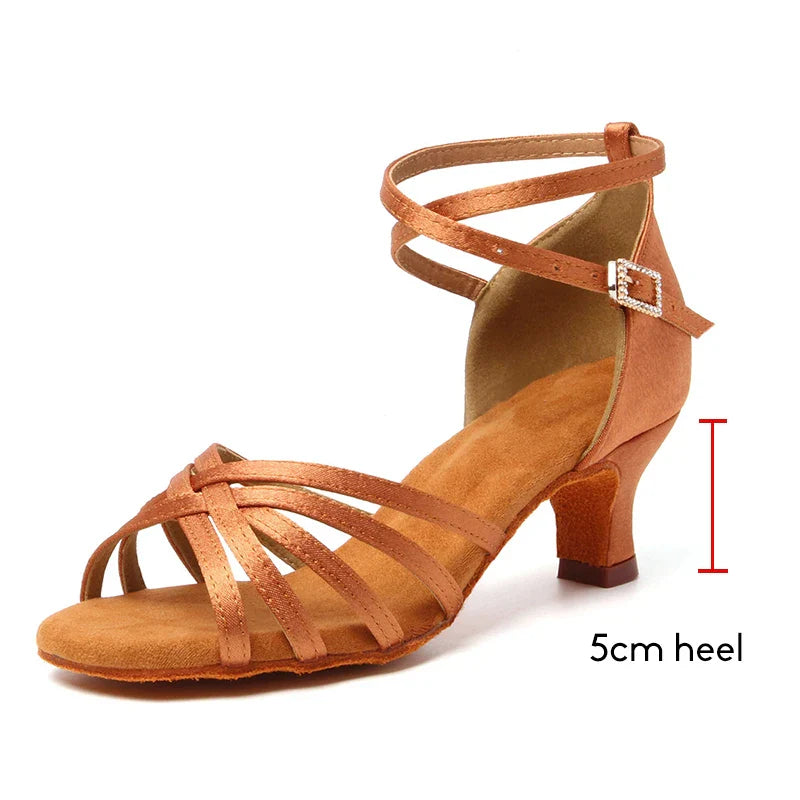 Women's Latin dance shoes by LadyShow with suede soles, Cuban heels, suitable for tango, ballroom, and party dancing.