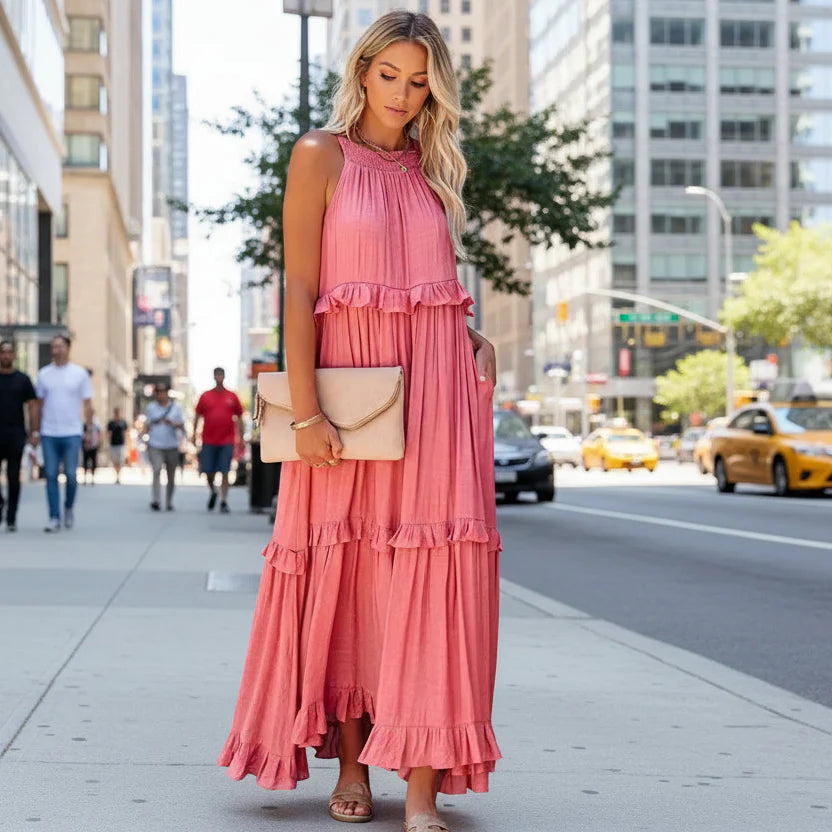 Elegant apricot ruffle maxi dress from Plush Fashion Hub, casualwear with flowing fabric and ruffled details perfect for summer outings.