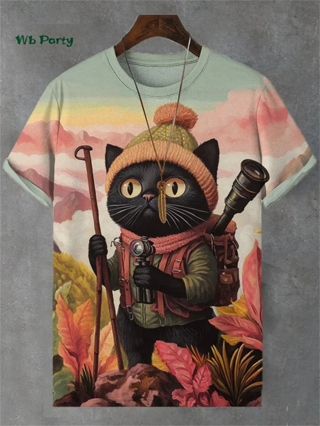 3D travel cat print T-shirt from Plush Fashion Hub, playful summer streetwear featuring a colorful feline design.