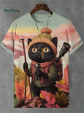 3D travel cat print T-shirt by FitiqueFit, playful summer streetwear featuring a colorful feline design on soft fabric.