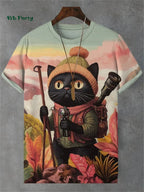 3D travel cat print T-shirt from Plush Fashion Hub, playful summer streetwear featuring a colorful feline design.