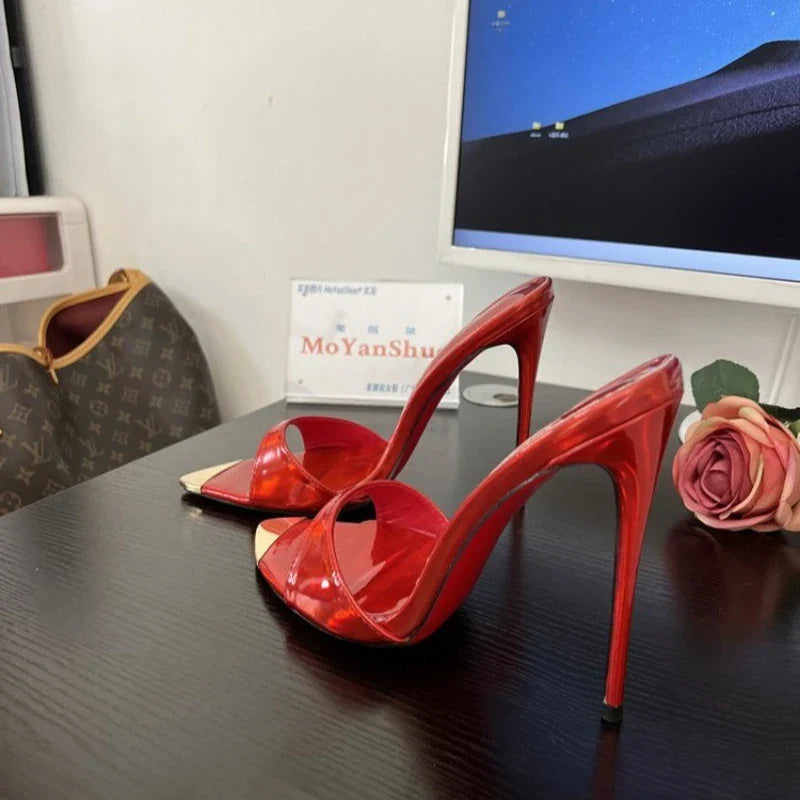 Pointed open toe high heel shoes for women by Plush Fashion Hub, featuring stiletto design and shiny patent leather for summer parties.