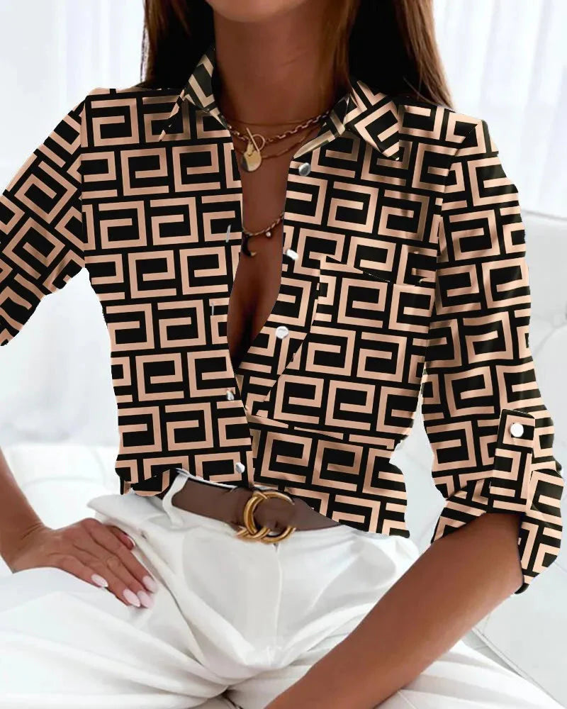 Women’s stripe print long-sleeve blouse by Plush Fashion Hub, casualwear top with vertical stripe pattern and relaxed fit.