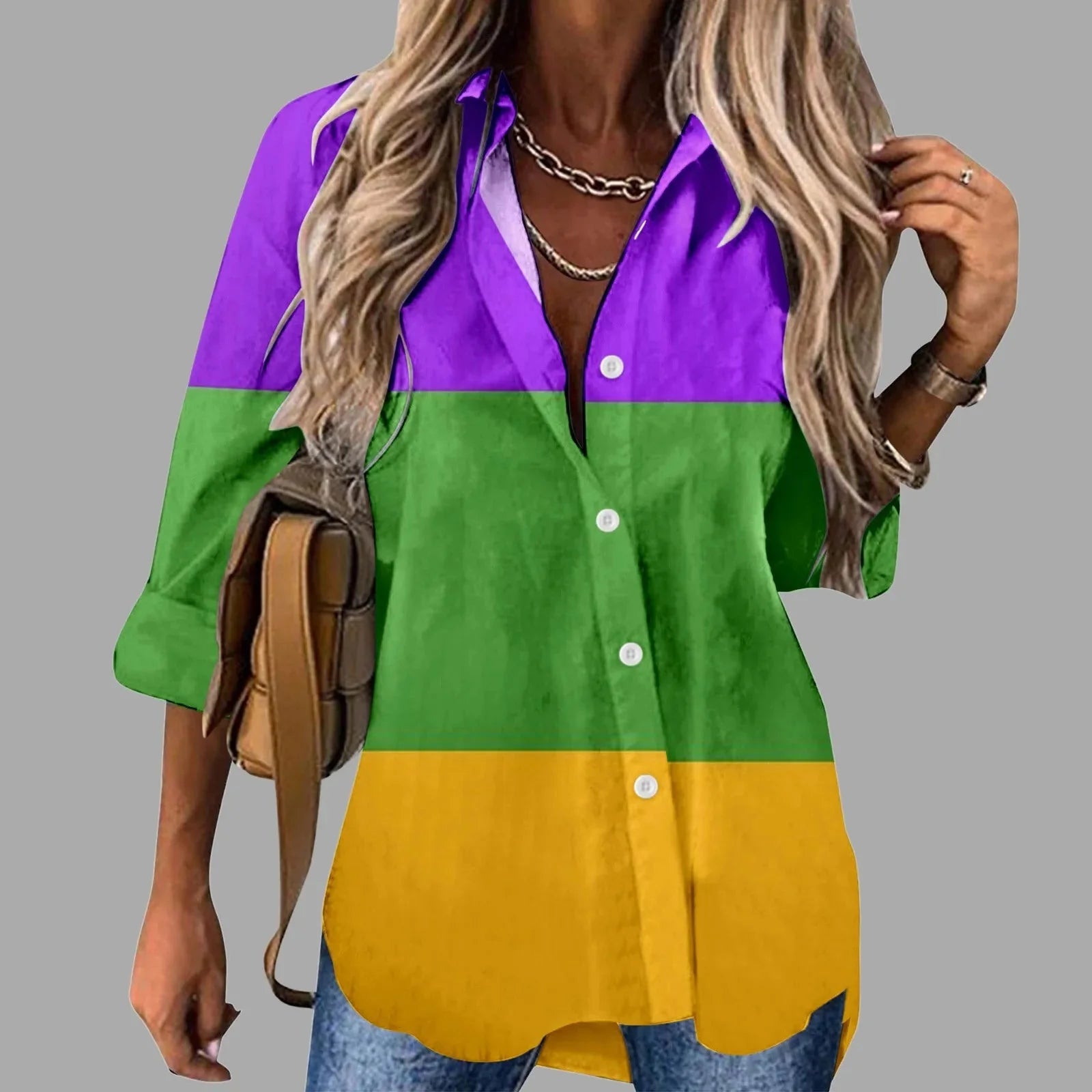 Mardi Gras women's V-neck long sleeve carnival print shirt by FitiqueFit, featuring colorful festive Mardi Gras design.