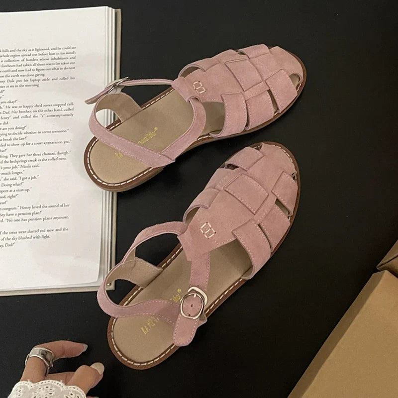 Plush Fashion Hub DIMANYU women's Roman sandals in real leather, summer flat retro cage shoes with hollowed design.