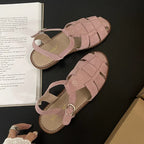Plush Fashion Hub DIMANYU women's Roman sandals in real leather, summer flat retro cage shoes with hollowed design.