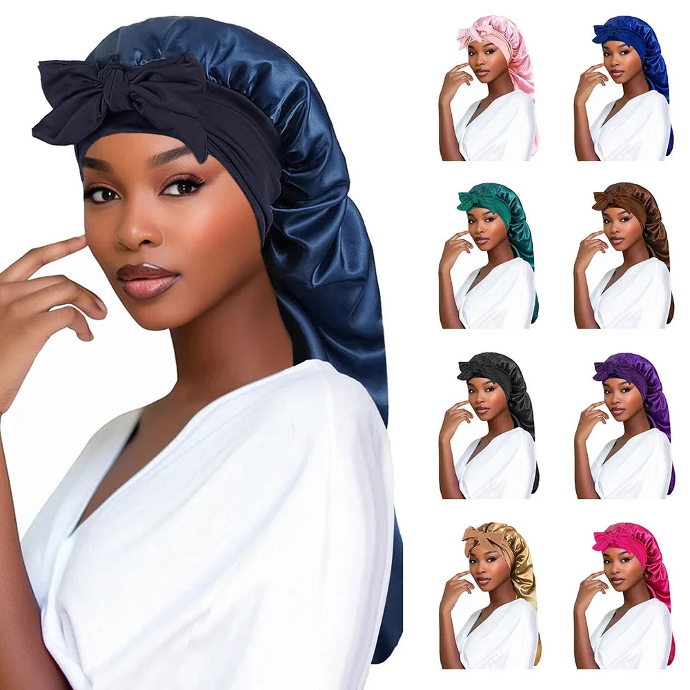 Satin long tail braid hair sleeping bonnet and shower cap for women, plush satin material, designed for hair protection and comfort