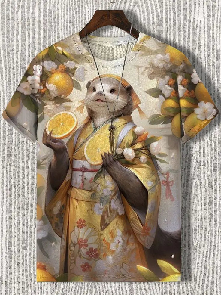 Samurai Cat graphic T-shirt by FitiqueFit featuring Japanese-style 3D print, men's streetwear tee with bold design.