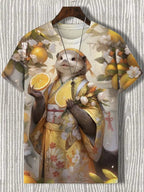 Samurai Cat graphic T-shirt by FitiqueFit featuring Japanese-style 3D print, men's streetwear tee with bold design.