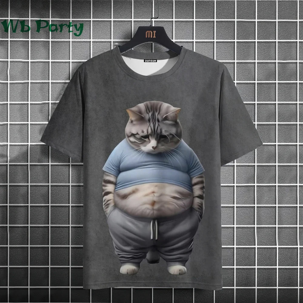 Y2K cat print graphic T-shirt from Plush Fashion Hub, stylish streetwear with colorful feline design on soft fabric.