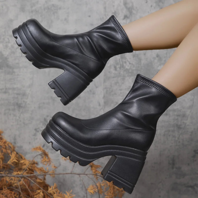 Women’s black leather short boots with square toes, high heels, zipper closure, and thick soles, stylish casual footwear by LadyShow.