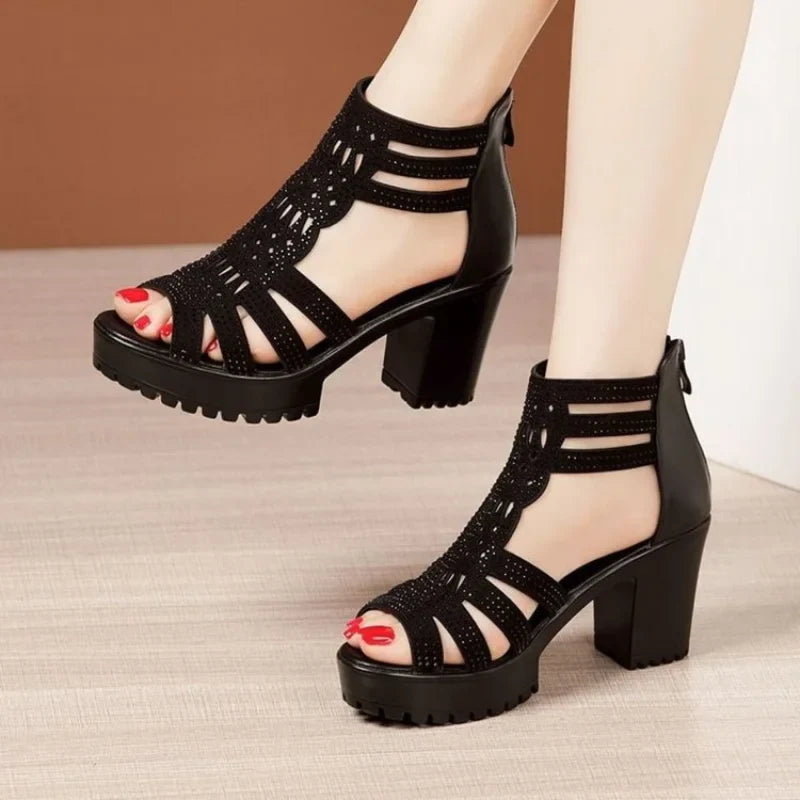Women's low wedge fish mouth hollow sandals by Plush Fashion Hub, casual open-toe shoes with a stylish fish mouth design.
