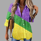 Mardi Gras women's V-neck long sleeve carnival print shirt by FitiqueFit, featuring colorful festive Mardi Gras design.
