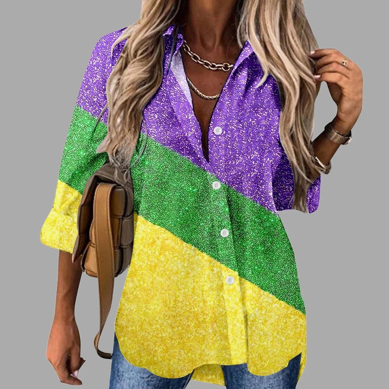 Mardi Gras women's V-neck long sleeve carnival print shirt by FitiqueFit, featuring colorful festive Mardi Gras design.