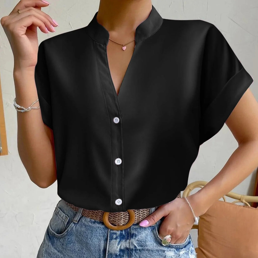 Plush Fashion Hub women's satin V-neck short sleeve casual shirt in warm orange, elegant and comfortable summer casualwear.