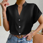 Plush Fashion Hub women's satin V-neck short sleeve casual shirt in warm orange, elegant and comfortable summer casualwear.