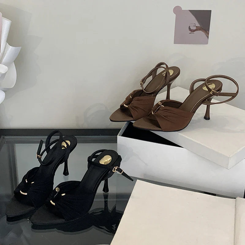 LadyShow.Store Eilyken summer fashion thin heel sandals with pleated design, hollow out details, buckle strap, pointed toe, 6cm or 9cm heel