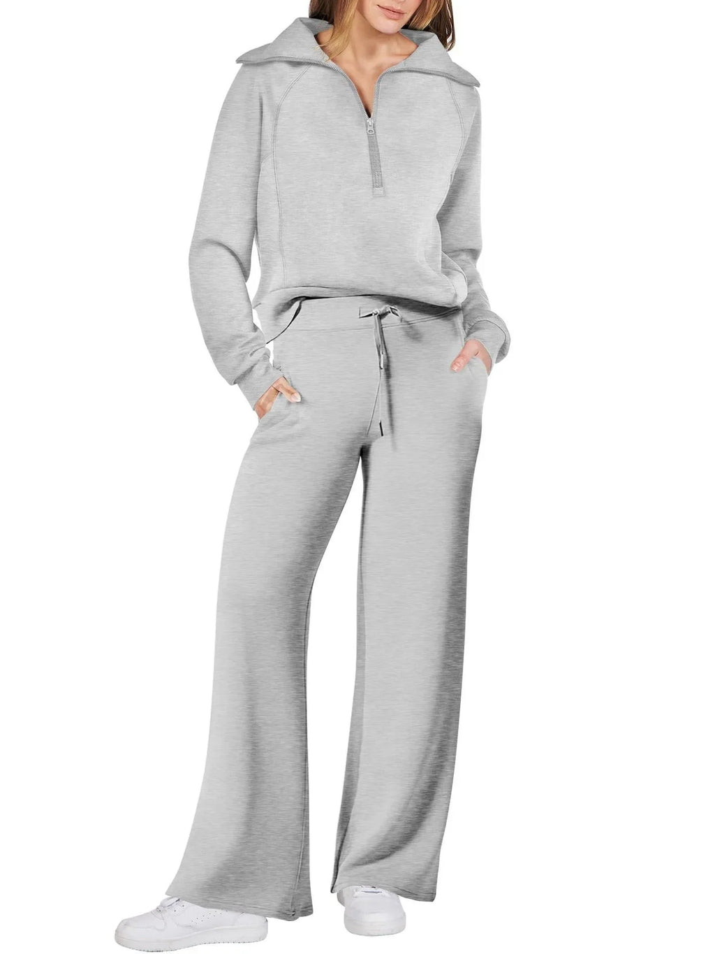 Women two-piece sweatshirt and wide-leg pants set from Plush Fashion Hub, featuring a comfortable, casual style.
