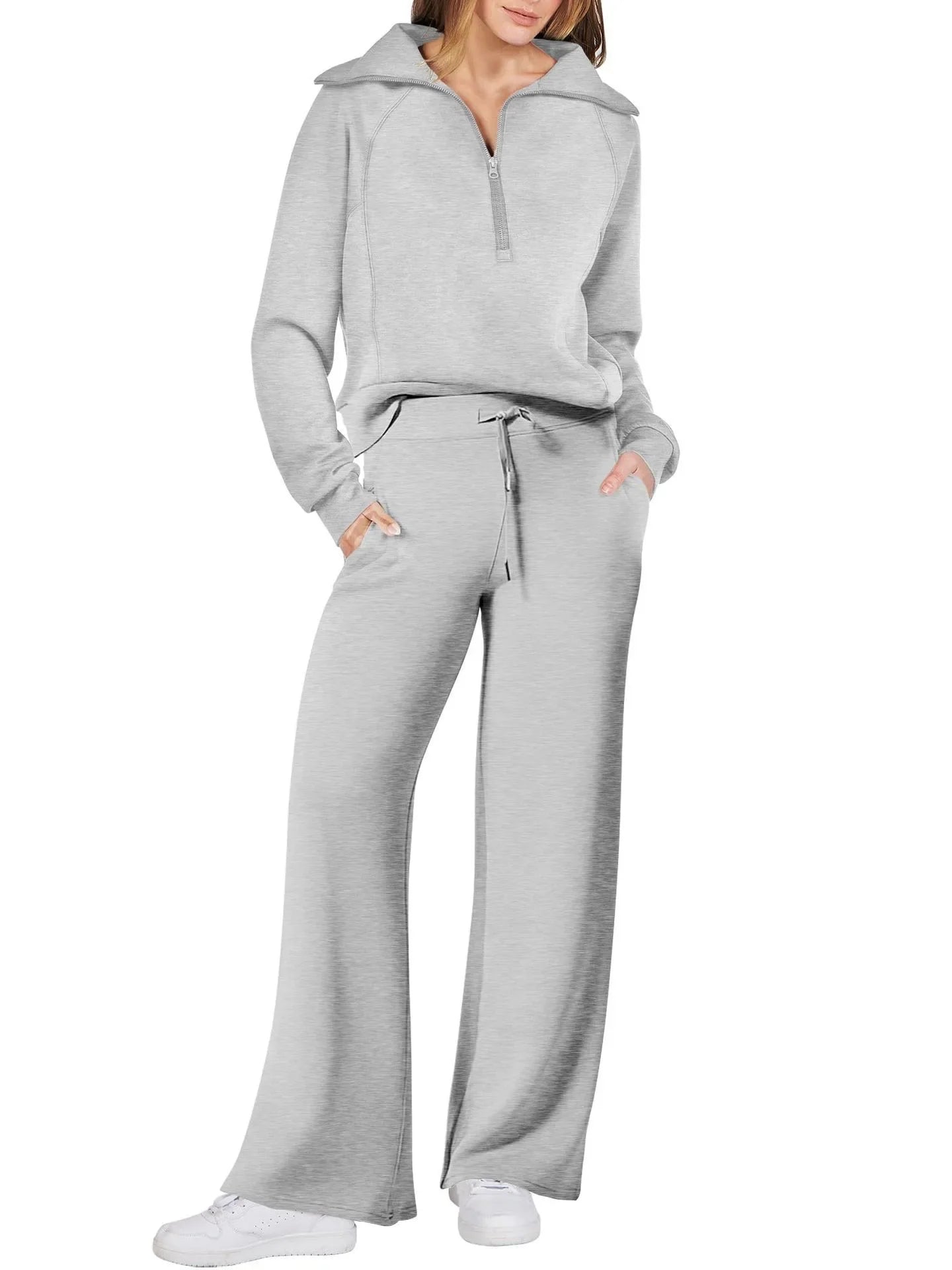 Women two-piece sweatshirt and wide-leg pants set from Plush Fashion Hub, featuring a comfortable, casual style.
