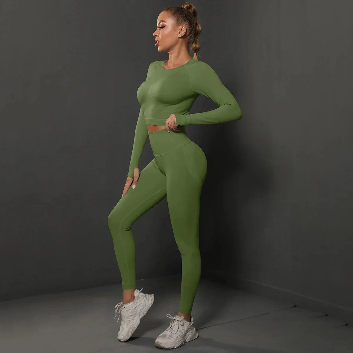 Seamless long sleeve yoga top for women by Plush Fashion Hub, made of breathable activewear fabric, ideal for workouts and yoga.