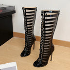 LadyShow hollow out cross strap knee-high boots with peep toe, zipper, and sexy heel design, perfect for stylish women's footwear.
