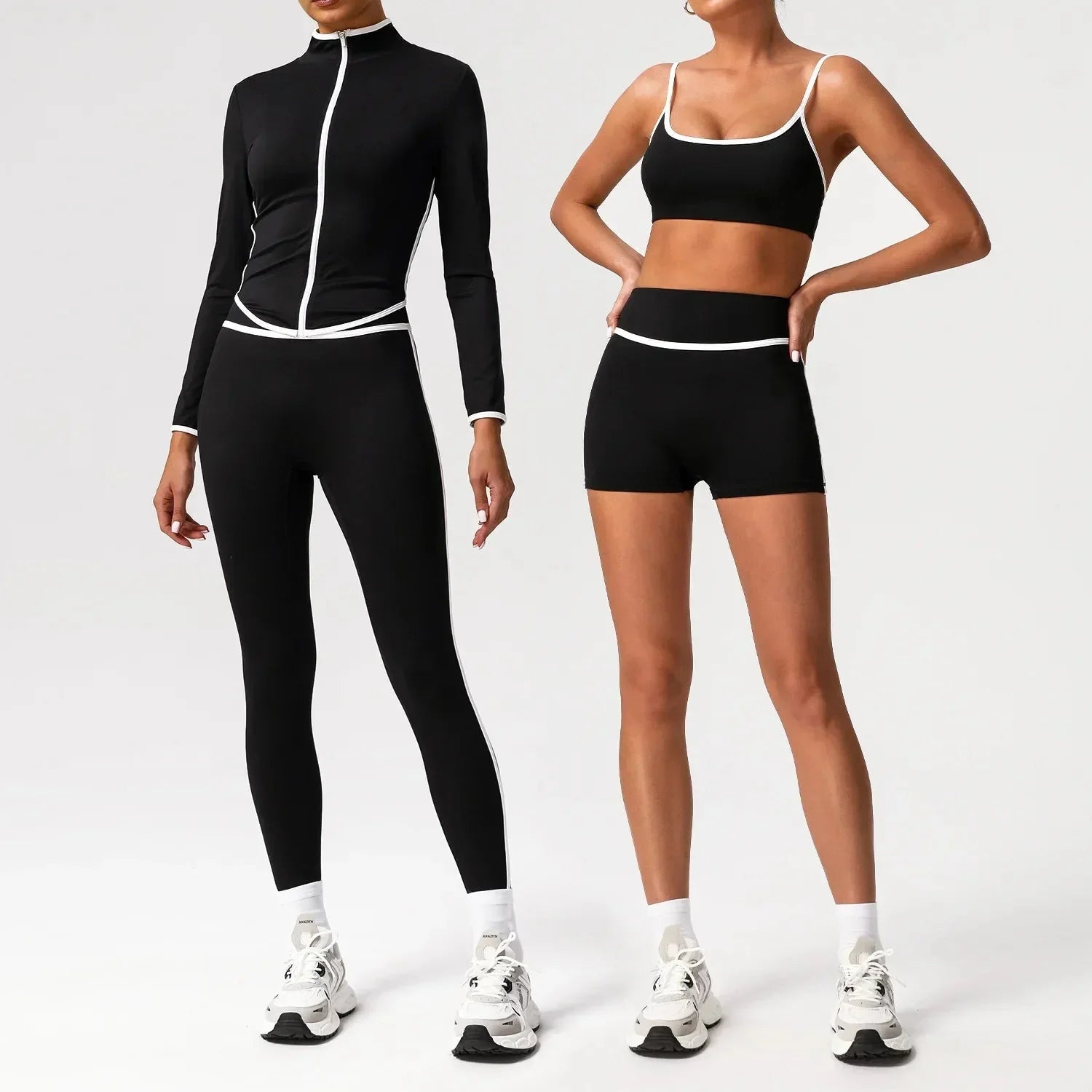 Black seamless yoga set by Plush Fashion Hub featuring high waist and hip-lifting design, suitable for activewear workouts.