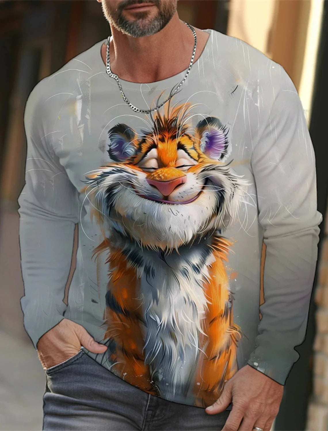 Black 3D tiger animal print long sleeve streetwear T-shirt by FitiqueFit with bold tiger graphic, ideal for Harajuku hip-hop fashion.