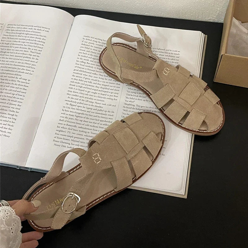 Women's Roman flat sandals by Plush Fashion Hub, summer 2023, real leather with hollowed cage design and retro style.