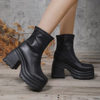 Women’s black leather short boots with square toes, high heels, zipper closure, thick soles, casual stylish footwear.