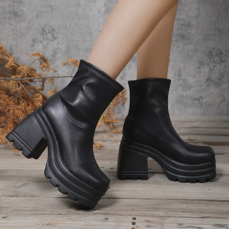 Women square toe leather short boots with high heels, zipper detail, thick sole, from Plush Fashion Hub, casual and stylish footwear.