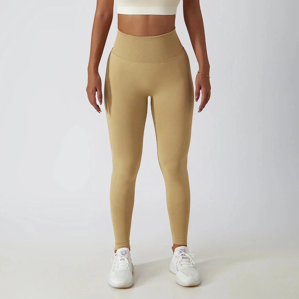 Seamless ribbed FitiqueFit yoga leggings with tummy control fit, designed for activewear and comfortable workout wear.