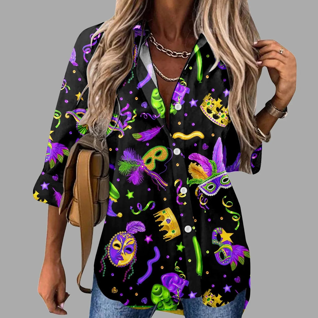 Mardi Gras women's V-neck long sleeve carnival print shirt by FitiqueFit, featuring colorful festive Mardi Gras designs.