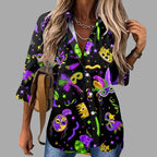 Mardi Gras women's V-neck long sleeve carnival print shirt by FitiqueFit, featuring colorful festive Mardi Gras designs.