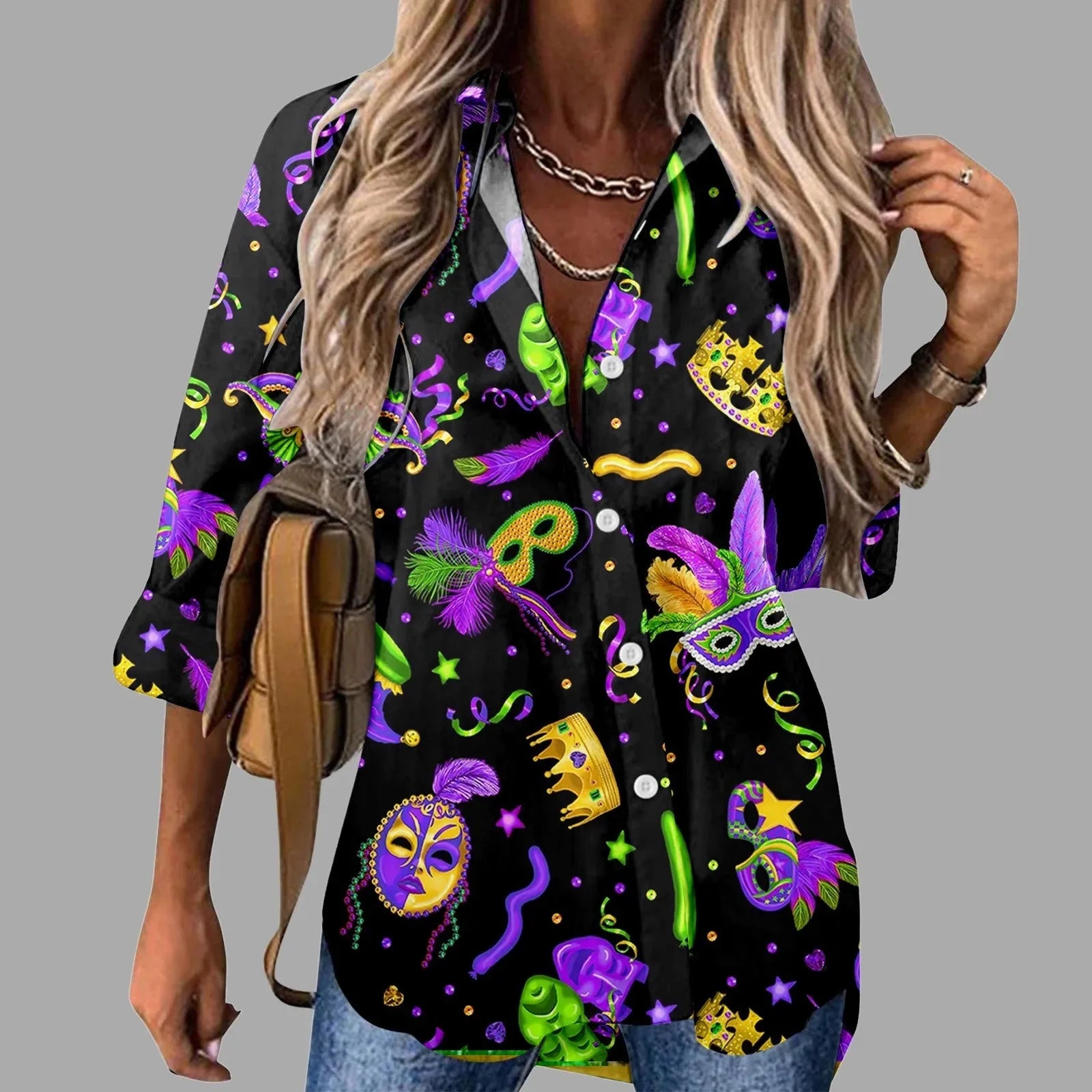 Mardi Gras women's V-neck long sleeve carnival print shirt by FitiqueFit, featuring colorful festive Mardi Gras designs.