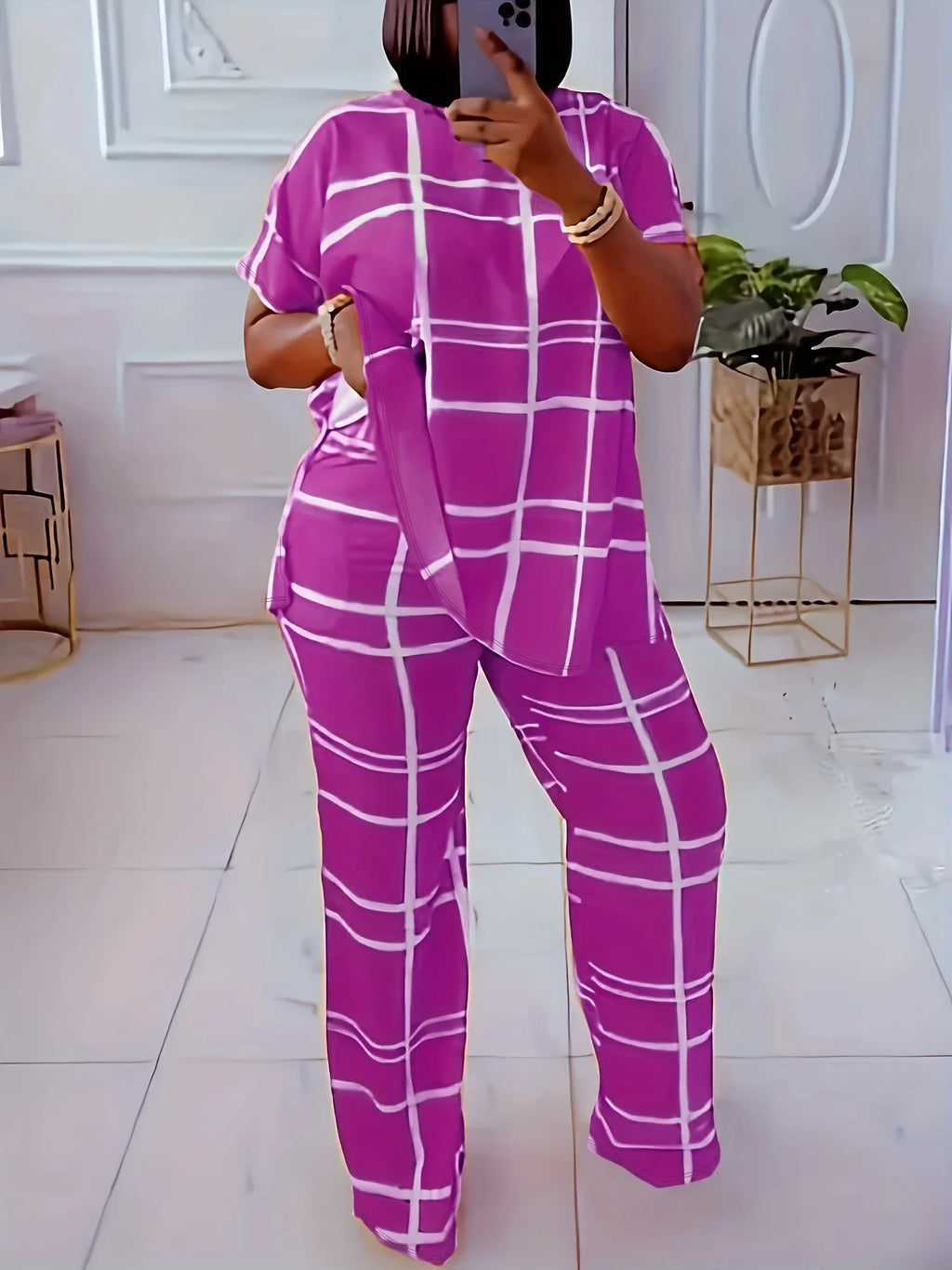 Plus size women’s casual two-piece set with striped grid print and round neck, by Plush Fashion Hub.