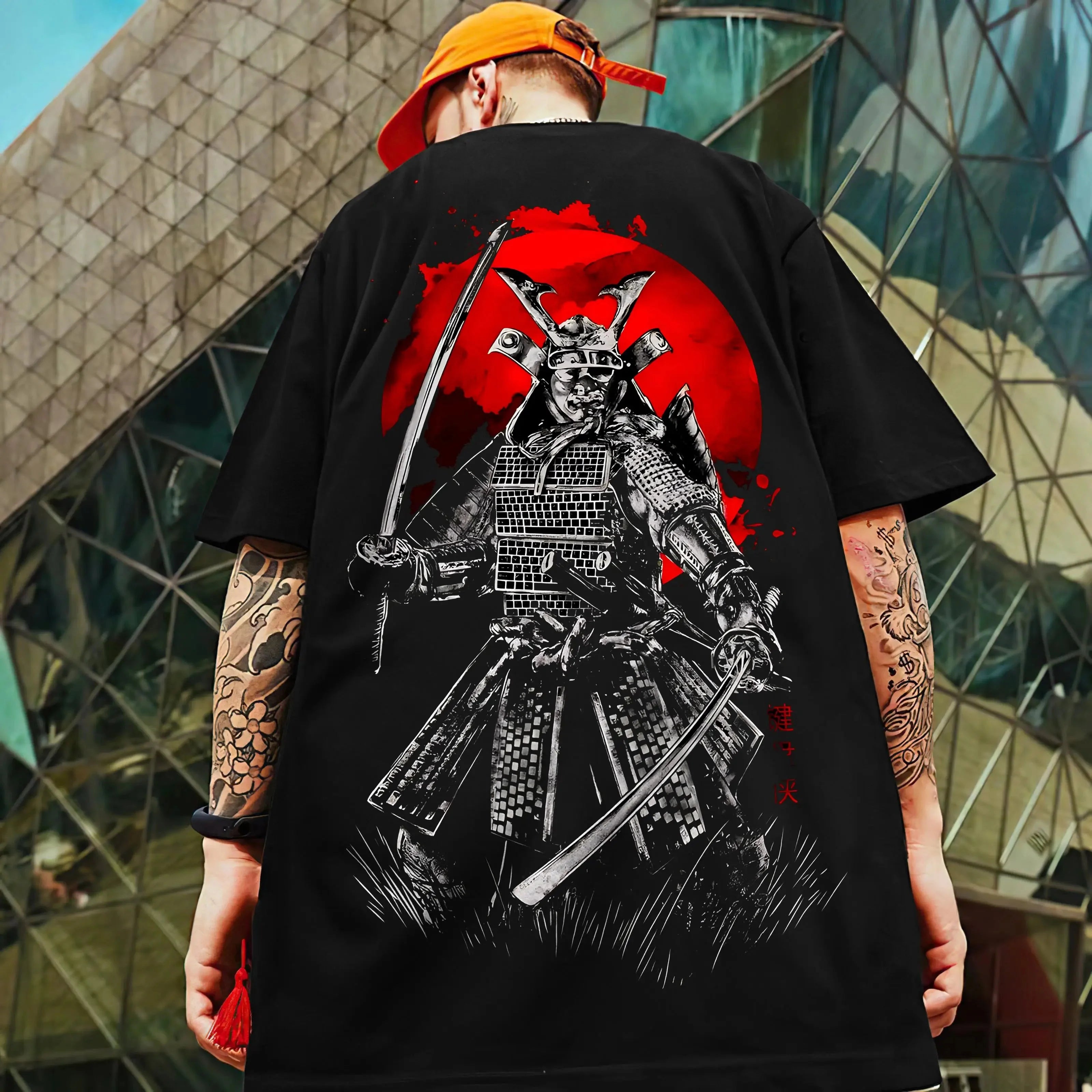 Oversized streetwear T-shirt from FitiqueFit featuring a bold 3D samurai knife print on soft fabric.