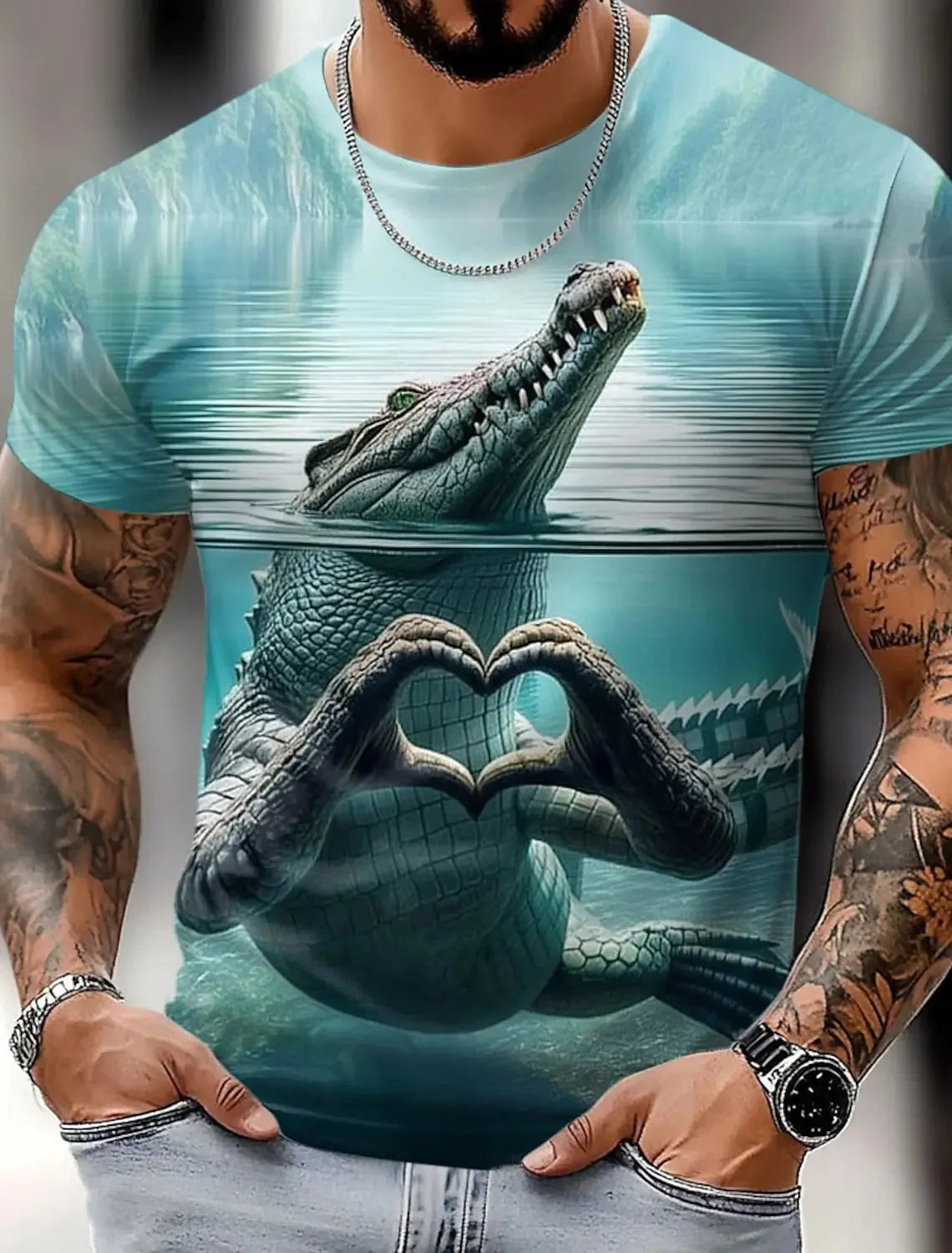 Black 3D animal print T-shirt from FitiqueFit featuring a bold lion design, perfect for summer streetwear fashion.